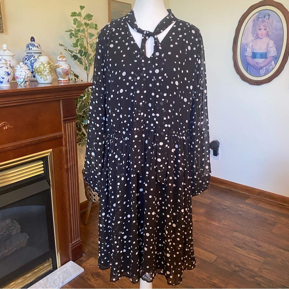 Lane Bryant Black & White Polka Dot Chiffon Long Sleeve Tiered Dress – Size 18